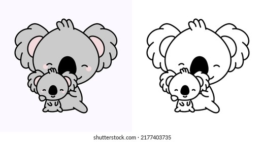 Set Clipart Koala Coloring Page and Colored Illustration. Clip Art Kawaii Koala. Vector Illustration of a Kawaii Animal for Coloring Pages, Prints for Clothes, Stickers, Baby Shower svg