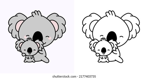 Set Clipart Koala Coloring Page and Colored Illustration. Clip Art Kawaii Koala. Vector Illustration of a Kawaii Animal for Coloring Pages, Prints for Clothes, Stickers, Baby Shower