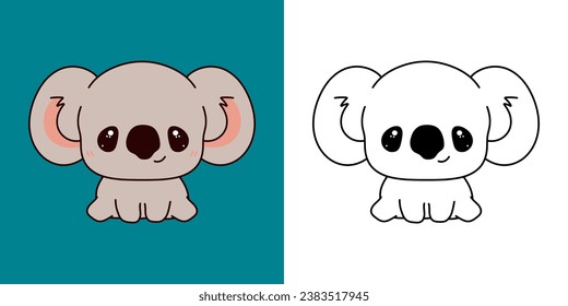 Set Clipart Koala Coloring Page and Colored Illustration. Kawaii Isolated Animal. Cute Vector Illustration of a Kawaii Baby Animal for Stickers, Prints for Clothes, Baby Shower. 