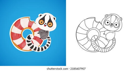 Set Clipart Lemur Coloring Page and Colored Illustration. Clip Art Kawaii Lemur. Vector Illustration of a Kawaii Animal for Coloring Pages, Prints for Clothes, Stickers, Baby Shower.
