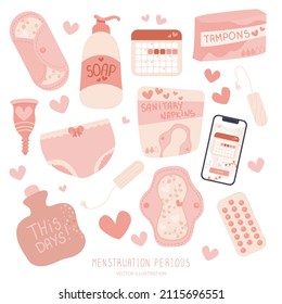 Set of clipart menstruation period elements. Reproductive system and uterus concept. Menses objects pills, calendar, tampons, sanitary napkins, menstrual cup. Vector illustration
