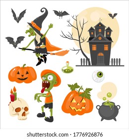A set of clipart on the theme of the holiday Halloween. Bright. Flat design. Image of a witch, zombie, pumpkin, etc. Vector stock illustration.