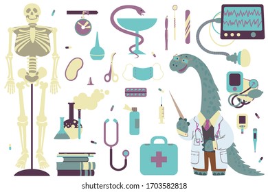 A set of clipart on the topic of medicene and science. Doctor Dinosaur and attributes for medicene. Vector.