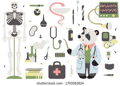 A set of clipart on the topic of medicene and science. Doctor Panda and attributes for medicene. Vector.