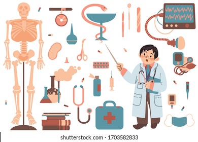 A set of clipart on the topic of medicene and science. Doctor and attributes for medicene. Vector.