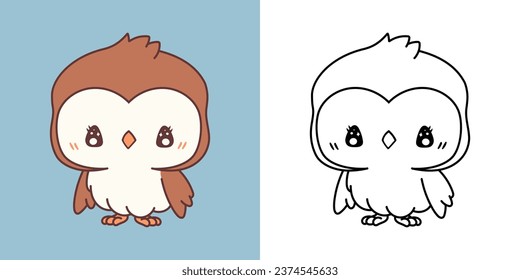 Set Clipart Owl Coloring Page and Colored Illustration. Kawaii Isolated Bird. Cute Vector Illustration of a Kawaii Animal for Stickers, Prints for Clothes, Baby Shower. 