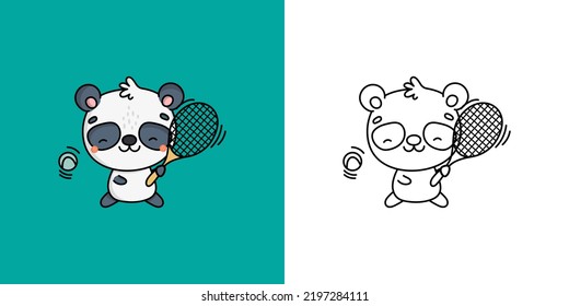 Set Clipart Panda Bear Athlete Coloring Page and Colored Illustration. Kawaii Panda Sportsman. Vector Illustration of a Kawaii Animal for Coloring Pages, Prints for Clothes, Stickers, Baby Shower.
 svg