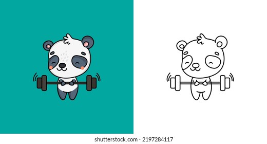 Set Clipart Panda Bear Sportsman Multicolored and Black and White. Kawaii Panda Sportsman. Vector Illustration of a Kawaii Animal for Prints for Clothes, Stickers, Baby Shower, Coloring Pages.
 svg