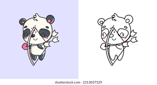 Set Clipart Panda Multicolored and Black and White. Kawaii Clip Art Bear. Vector Illustration of a Kawaii Animal for Prints for Clothes, Stickers, Baby Shower, Coloring Pages.
