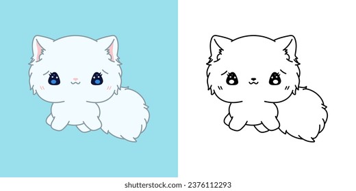 Set Clipart Persian Kitten Coloring Page and Colored Illustration. Kawaii Isolated Kitty. Funny Vector Illustration of a Kawaii Animal for Prints for Clothes, Stickers, Baby Shower. 