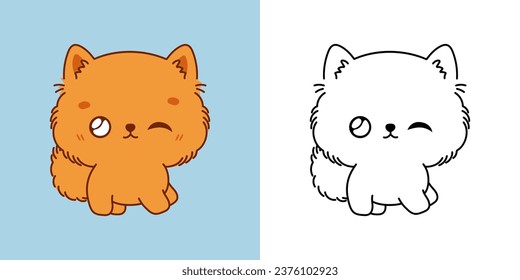 Set Clipart Pomeranian Puppy Coloring Page and Colored Illustration. Kawaii Isolated Dog. Cute Vector Illustration of a Kawaii Animal for Stickers, Prints for Clothes, Baby Shower. 