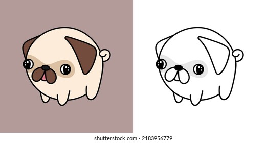 Set Clipart Pug Dog Coloring Page and Colored Illustration. Clip Art Kawaii Pug. Vector Illustration of a Kawaii Dog for Coloring Pages, Prints for Clothes, Stickers, Baby Shower.
