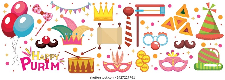 Set of clipart for Purim celebration on white background