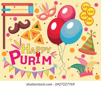 Set von Clipart für Purim-Feier auf beigem Hintergrund