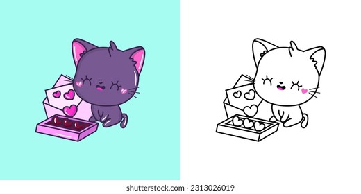 Set Clipart Purple Cat Multicolored and Black and White. Kawaii Clip Art Cat. Vector Illustration of a Kawaii Animal for Prints for Clothes, Stickers, Baby Shower, Coloring Pages.
