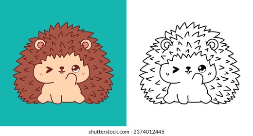 Set Clipart Rabbit Coloring Page and Colored Illustration. Kawaii Isolated Forest Animal. Funny Vector Illustration of a Kawaii Animal for Prints for Clothes, Stickers, Baby Shower, Coloring Pages. 