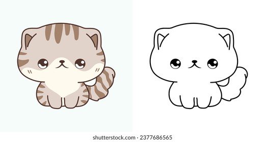 Set Clipart Rabbit Coloring Page and Colored Illustration. Kawaii Isolated Baby Kitten. Cartoon Vector Illustration of Kawaii Baby Animal for Stickers, Prints for Clothes, Baby Shower. 