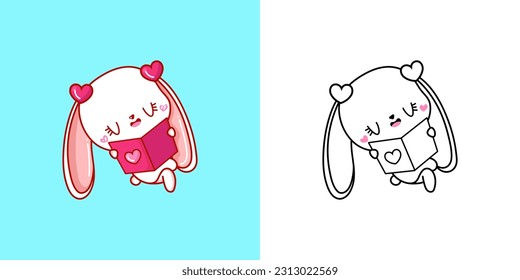 Set Clipart Rabbit Multicolored and Black and White. Kawaii Clip Art Bunny. Vector Illustration of a Kawaii Animal for Prints for Clothes, Stickers, Baby Shower, Coloring Pages.
