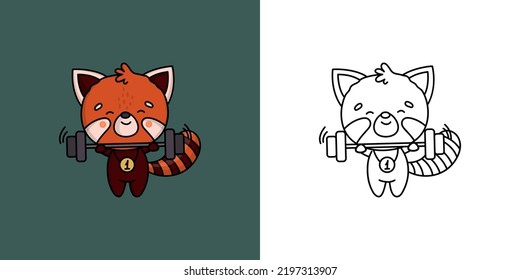 Set Clipart Red Panda Athlete Coloring Page and Colored Illustration. Kawaii Animal Sportsman. Vector Illustration of a Kawaii Animal for Coloring Pages, Prints for Clothes, Stickers, Baby Shower.
 svg