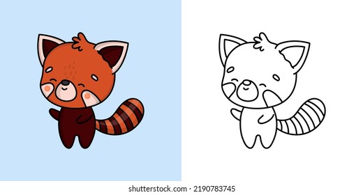 Set Clipart Red Panda Coloring Page and Colored Illustration. Clip Art Kawaii Animal. Vector Illustration of a Kawaii Red Panda for Coloring Pages, Prints for Clothes, Stickers, Baby Shower.
