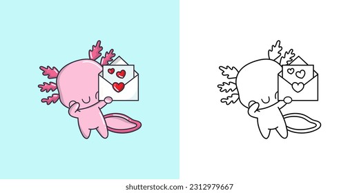 Set Clipart Salamander Multicolored and Black and White. Kawaii Clip Art Axolotl. Vector Illustration of a Kawaii Animal for Prints for Clothes, Stickers, Baby Shower, Coloring Pages.
