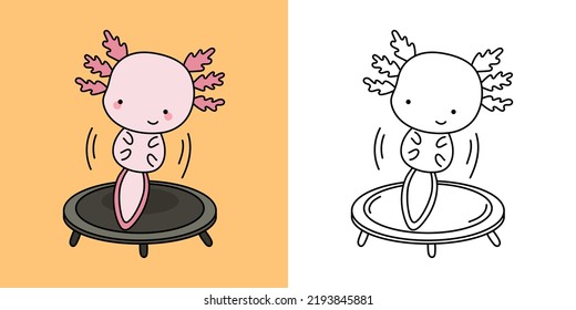 Set Clipart Salamander Sportsman Multicolored and Black and White. Kawaii Axolotl Sportsman. Vector Illustration of a Kawaii Animal for Prints for Clothes, Stickers, Baby Shower, Coloring Pages.
