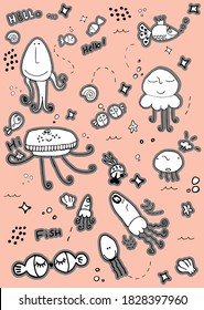 set clipart Sea Animals Collection jellifish doodle child vector