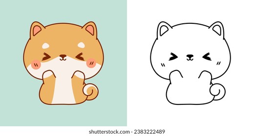 Set Clipart Shiba Inu Dog Coloring Page and Colored Illustration. Kawaii Isolated Puppy. Cute Vector Illustration of a Kawaii Pet for Stickers, Prints for Clothes, Baby Shower. 