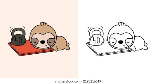 Set Clipart Sloth Athlete Coloring Page and Colored Illustration. Clip Art Kawaii Animal Sportsman. Vector Illustration of a Kawaii Animal for Coloring Pages, Prints for Clothes, Stickers, Baby Shower