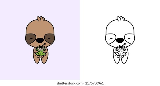 Set Clipart Sloth Coloring Page and Colored Illustration. Clip Art Kawaii Sloth. Vector Illustration of a Kawaii Animal for Coloring Pages, Prints for Clothes, Stickers, Baby Shower. 