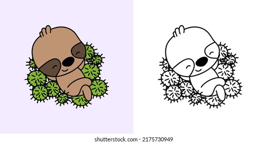 Set Clipart Sloth Multicolored and Black and White. Kawaii Clip Art Sloth. Vector Illustration of a Kawaii Animal for Prints for Clothes, Stickers, Baby Shower, Coloring Pages. 