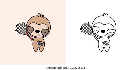 Set Clipart Sloth Sportsman Multicolored and Black and White. Kawaii Clip Art Animal Sportsman. Vector Illustration of a Kawaii Animal for Prints for Clothes, Stickers, Baby Shower, Coloring Pages.
