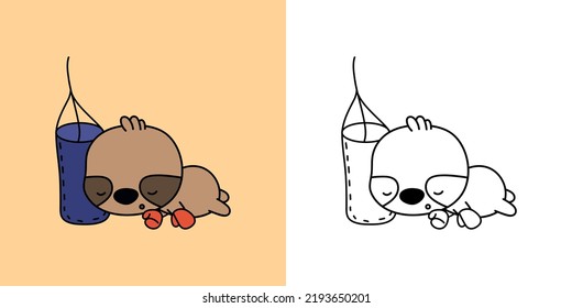 Set Clipart Sloth Sportsman Multicolored and Black and White. Kawaii Clip Art Animal Sportsman. Vector Illustration of a Kawaii Animal for Prints for Clothes, Stickers, Baby Shower, Coloring Pages.
