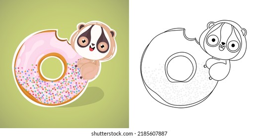 Set Clipart Slow Loris Coloring Page and Colored Illustration. Clip Art Kawaii Loris. Vector Illustration of a Kawaii Animal for Coloring Pages, Prints for Clothes, Stickers, Baby Shower.
