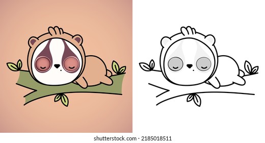 Set Clipart Slow Loris Multicolored and Black and White.Kawaii Clip Art Loris. Vector Illustration of a Kawaii Animal for Prints for Clothes, Stickers, Baby Shower, Coloring Pages.
