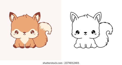 Set Clipart Squirrel Coloring Page and Colored Illustration. Kawaii Isolated Squirrel. Funny Vector Illustration of a Kawaii Forest Animal for Stickers, Baby Shower, Coloring Pages. 