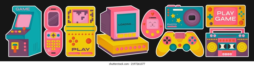 Set of clipart sticker elements with retro obsolete things: tamagotchi, computer, tetris, slot machine, etc. Trendy modern stickers in the style of an old computer, old technology devices from the 90s