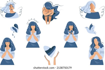 A set clipart suffering women in support Ukraine  Sad girls mourn  pray  Blue shades flowers  Vector isolated flat illustration white background 