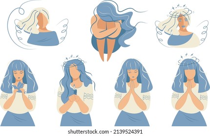 A set clipart suffering women in support Ukraine  Sad girls  angels mourn  pray  Blue shades flowers  Vector isolated flat illustration white background 