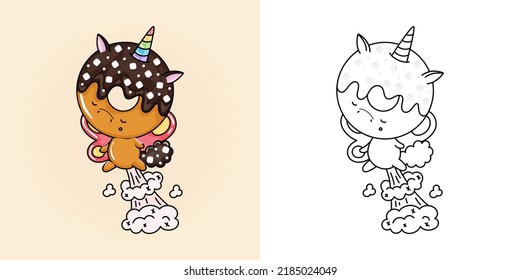 Set Clipart Unicorn Donut Coloring Page and Colored Illustration. Clip Art Kawaii Unicorn. Vector Illustration of a Kawaii Animal for Coloring Pages, Prints for Clothes, Stickers, Baby Shower.
