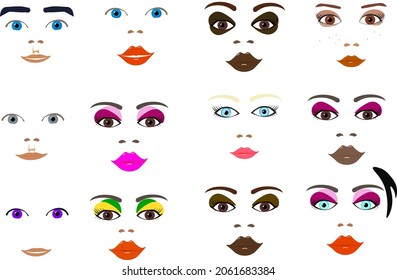 set, clipart from vector elements of faces: lips, eyes, noses
