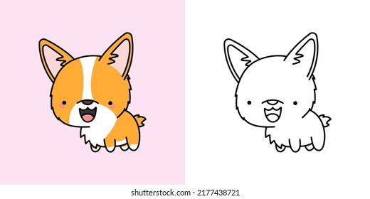 Set Clipart Welsh Corgi Coloring Page and Colored Illustration. Clip Art Kawaii Corgi. Vector Illustration of a Kawaii Puppy for Coloring Pages, Prints for Clothes, Stickers, Baby Shower.
