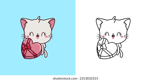 Set Clipart White Cat Multicolored and Black and White. Kawaii Clip Art Cat. Vector Illustration of a Kawaii Animal for Prints for Clothes, Stickers, Baby Shower, Coloring Pages.
