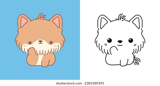 Set Clipart Yorkshire Terrier Dog Coloring Page and Colored Illustration. Kawaii Isolated Puppy. Cute Vector Illustration of a Kawaii Baby Pet for Stickers, Prints for Clothes, Baby Shower. 