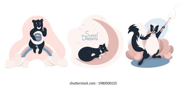 Set of cliparts with cute animals, skunks with a magic wand, cat sleeping on the moon, bear sitting on a rainbow and eating honey, cute baby vector illustration in flat style, horizontal position.