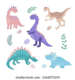 Set of cliparts with cute colored dinosaurs in cartoon style. Tyrannosaurus, diplodocus, triceratops, pterodactyl.
