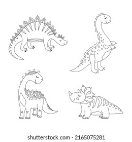 Set Of Cliparts With Cute Dinosaurs In Outline Style. Ancient Reptiles Are Lizards In Doodle Style.