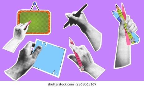 set of cliparts hands in Halftone style with school-themed vector flat elements: notes, pens, pencils, chalk and blackboard