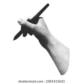 set of cliparts hands in Halftone style with school-themed vector flat elements: notes, pens, pencils, chalk and blackboard