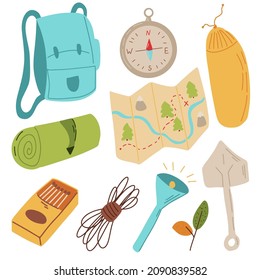 Set of cliparts hike, camping. Vector illustration isolated on white background.